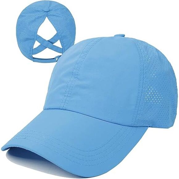 Women\'s Blue Criss Cross Ponytail Adjustable High Messy Bun Classic Baseball Cap